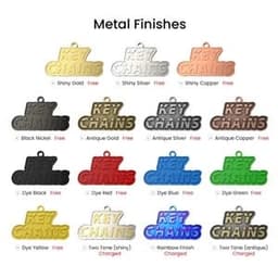 A collection of keychains in various metal finishes, including shiny gold, black nickel, and antique silver.