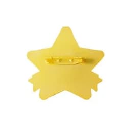 A yellow star-shaped name badge with a pin on the back.
