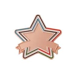 A star-shaped badge with multiple coloured borders and a blank ribbon at the bottom, ready for customisation.
