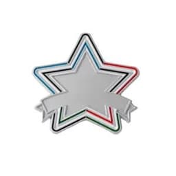 A star-shaped badge with a multi-coloured border featuring red, blue, black, and green outlining a blank centre.