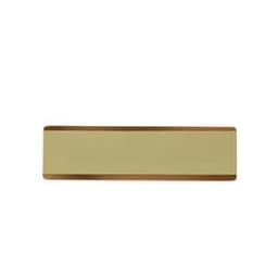 A stainless steel name badge with a gold finish and a sleek design, featuring a logo on the side.