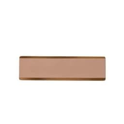 A stainless steel name badge in a copper colour with a minimalist design and a branding logo.