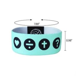 A light blue elastic wristband featuring various black icons and a logo, measuring 7.88 inches long and 0.98 inches wide.