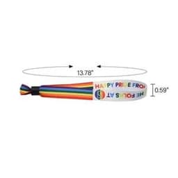 A satin sublimated wristband featuring a rainbow design with vibrant colours, measuring 13.78 inches in length.