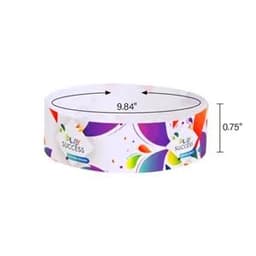 A colourful Tyvek paper bracelet, featuring a pattern of vibrant shapes and a logo, with dimensions of 9.84 inches by 0.75 inches.