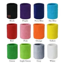 Terry sweatband wristbands in various colours: black, purple, navy blue, sky blue, red, pink, orange, yellow, green, light green, grey, and white. Each has an embroidered logo.