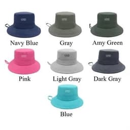 A range of foldable, breathable bucket hats in various colours: navy blue, gray, amy green, pink, light gray, dark gray, and blue, featuring logos.