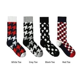Four pairs of mid-calf crew cotton socks featuring assorted patterns in black, white, red, and grey tones, with logos.