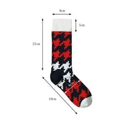 Casual mid-calf crew cotton socks featuring a red, white, and navy houndstooth pattern and a logo.