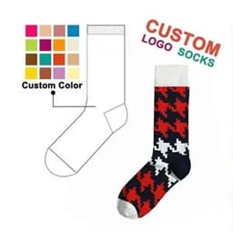 A pair of mid-calf crew cotton socks in navy, red, and white houndstooth pattern, featuring a logo.