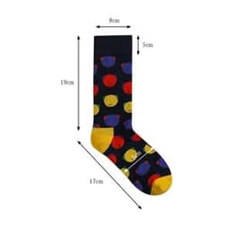 Custom dress socks featuring a bear head pattern in blue, yellow, red, and purple on a black background, with dimensions included.