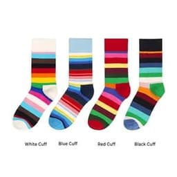 Custom jacquard crew socks in various colours, featuring striped patterns and different coloured cuffs.