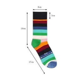Colourful unisex crew socks featuring vibrant stripes in various shades, with a logo and specific measurements displayed.