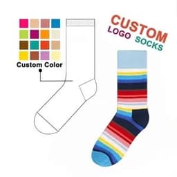 A pair of custom jacquard unisex crew socks in colourful stripes, alongside a swatch of various colour options.