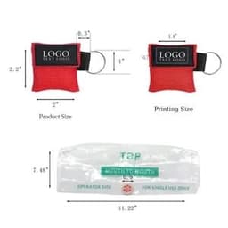 A red keyring featuring a protective CPR face shield mask with a clear pouch for storage. It includes a logo area.