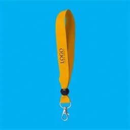 A yellow silkscreen wristband with a lobster clasp and a logo. The background is a solid blue.