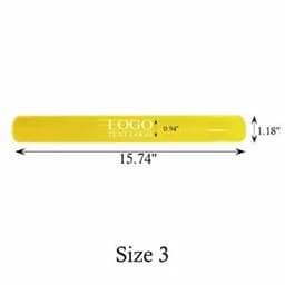 A yellow PVC outdoor reflective slap bracelet measuring 15.74 inches, with a logo and a width of 0.94 inches.
