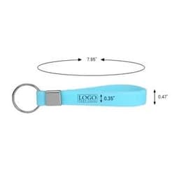 A light blue silicone wristband keychain with a metal ring and logo. Dimensions included in the image.