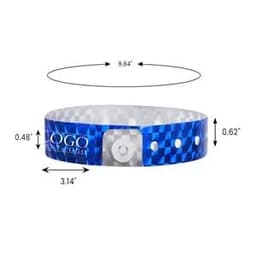 A blue disposable laser holographic identification bracelet with a circular design and a logo. Dimensions are included.