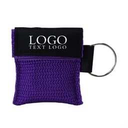 A purple CPR face shield mask keyring with a black section featuring a logo.