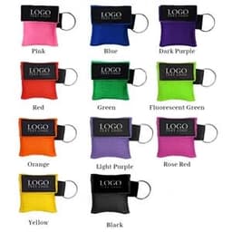 A variety of custom CPR face shield mask keyrings in pink, blue, dark purple, red, green, fluorescent green, orange, light purple, rose red, yellow, and black, each with a logo.