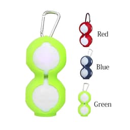 A green silicone golf ball holder featuring a carabiner, with red, blue, and green variations visible.