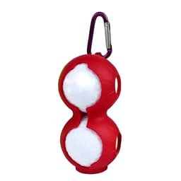 A red silicone golf ball holder with a purple carabiner, designed to hold two golf balls securely.