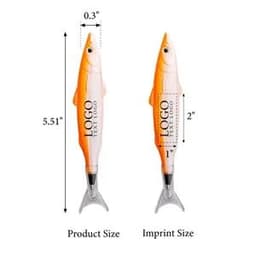 A fish-shaped pen in orange and white with a logo printed on it, displaying product and imprint size measurements.