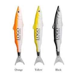 A fish-shaped pen available in orange, yellow, and black, featuring a logo on its side.
