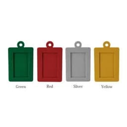 Four felt holiday photo frames in green, red, silver, and yellow, each with a hanging loop. The frames are rectangular.