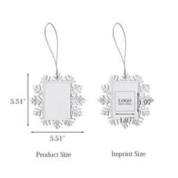A large white snowflake-shaped photo frame with an attached hanging string for display, featuring a logo area.