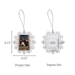A snowflake-shaped photo frame with a silver finish, measuring 4.13 inches, featuring a hanging loop.