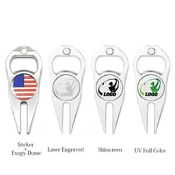 A drink bottle opener and divot tool, featuring various designs, primarily silver with logo placement options.