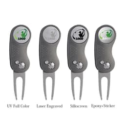 A selection of grey ball marker repair tools featuring different finishes and a logo on top.