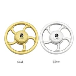 A gold and silver metal wheel fidget spinner with a logo in the centre, showcasing both colour options.