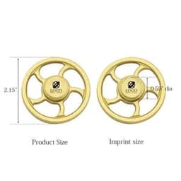 A metal fidget spinner in gold, featuring a central logo and measuring 2.15 inches in diameter.