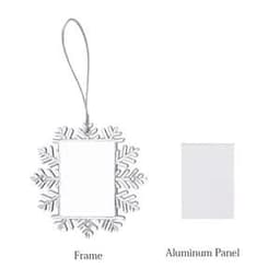 A large silver snowflake photo frame with an empty rectangular space for a photo and a hanging loop.