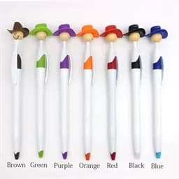 A collection of pens featuring cowboy hats in various colours: brown, green, purple, orange, red, black, and blue.