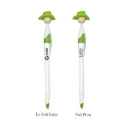 A green and white pen featuring a cowboy hat and a head on top, alongside a branding logo.