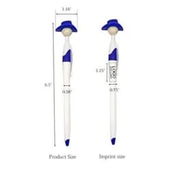 A blue and white pen shaped like a cowboy with a hat, featuring a logo on its side.
