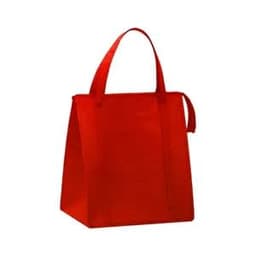 A bright red large foldable cooler bag with two handles and a side strap, featuring a logo.