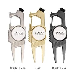 A divot tool ball marker gift set featuring bright nickel, gold, and black nickel colour options with a logo.