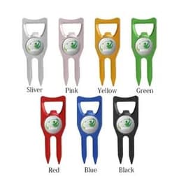 A set of golf cap clips in silver, pink, yellow, green, red, blue, and black, featuring a logo in the centre.