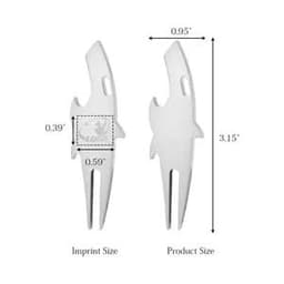 A white divot tool shaped like a shark, with dimensions indicated and a logo on it.