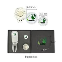 A golf sports stand cigar holder and divot tool set in a black box, featuring a logo and golf-themed designs.