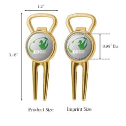 A drink bottle opener and metal divot tool in gold, featuring a circular area for a logo. Product dimensions included.
