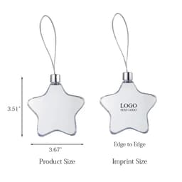 A transparent star-shaped photo frame with a silver hanging string, featuring a logo area.