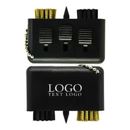 A black plastic mini 3-in-1 golf brush keychain with cleaning bristles and a pointed tool, featuring a logo.