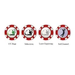 A set of four custom golf ball markers featuring red-bordered designs, each with a different decorative finish and logo.