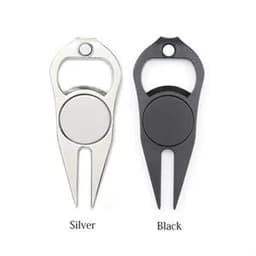 A silver and black logo divot tool with a built-in bottle opener, featuring a circular magnet at the top.